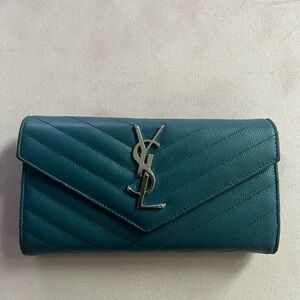 Yves Saint Laurent Turquoise Long Envelope Flap Leather Wallet